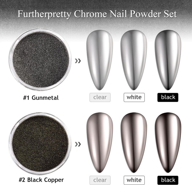 furtherpretty Black Silver Bronze Chrome Nail Powder Set, Gunmetal Chrome Pigments for Goth Armor Nails, Metallic Mirror Effect Nail Powder for Y2K Punk Nail Art & Manicure Decoration Accessories - Image 2